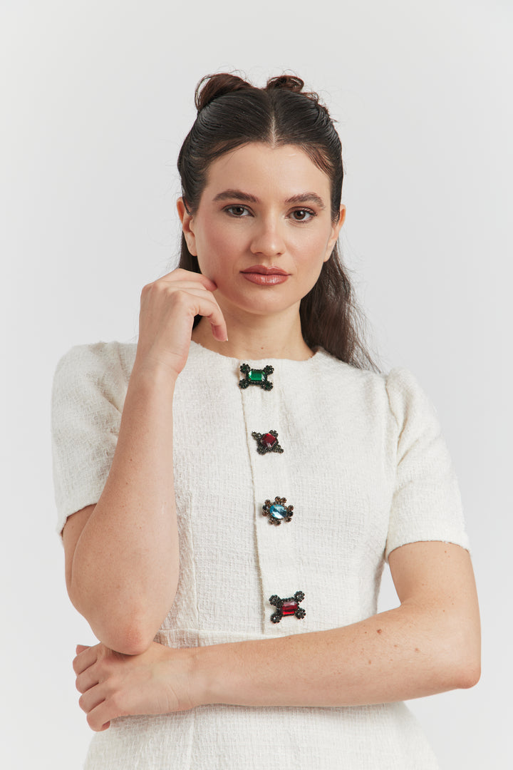 ROBE MIREA TWEED BIJOUX ECRU