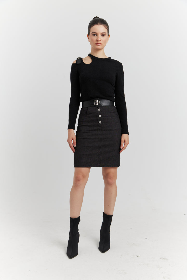 ENSEMBLE TOP MAILLE ET JUPE JEAN OLYSSIA NOIR