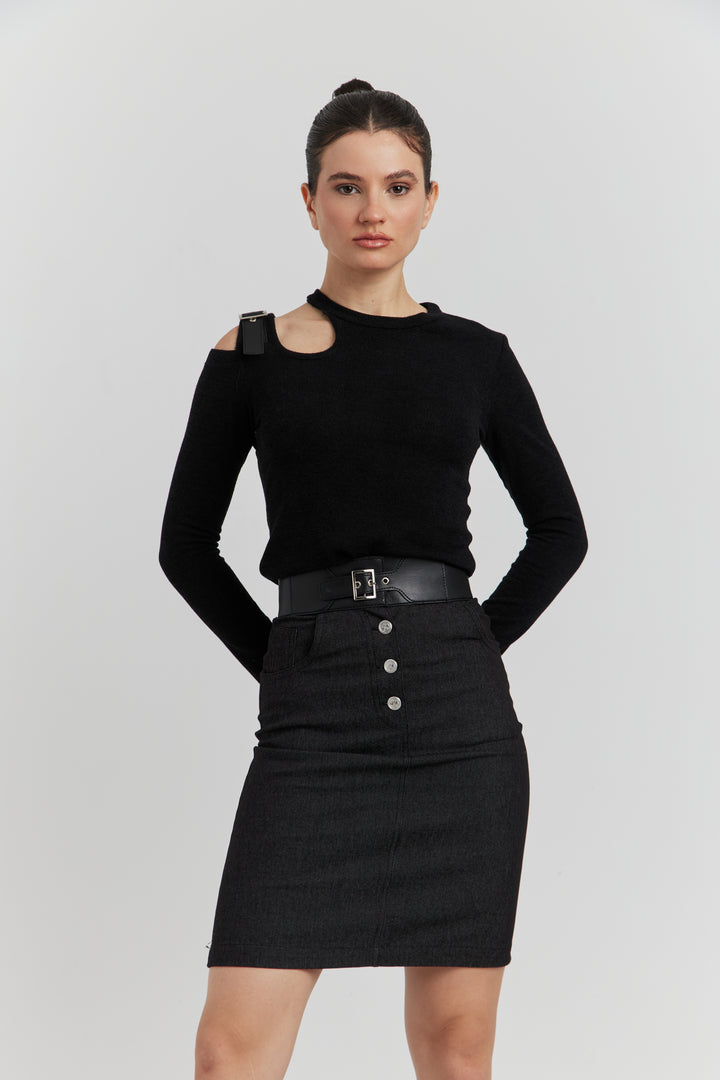 ENSEMBLE TOP MAILLE ET JUPE JEAN OLYSSIA NOIR