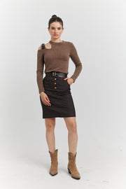 ENSEMBLE TOP MAILLE ET JUPE JEAN OLYSSIA MARRON