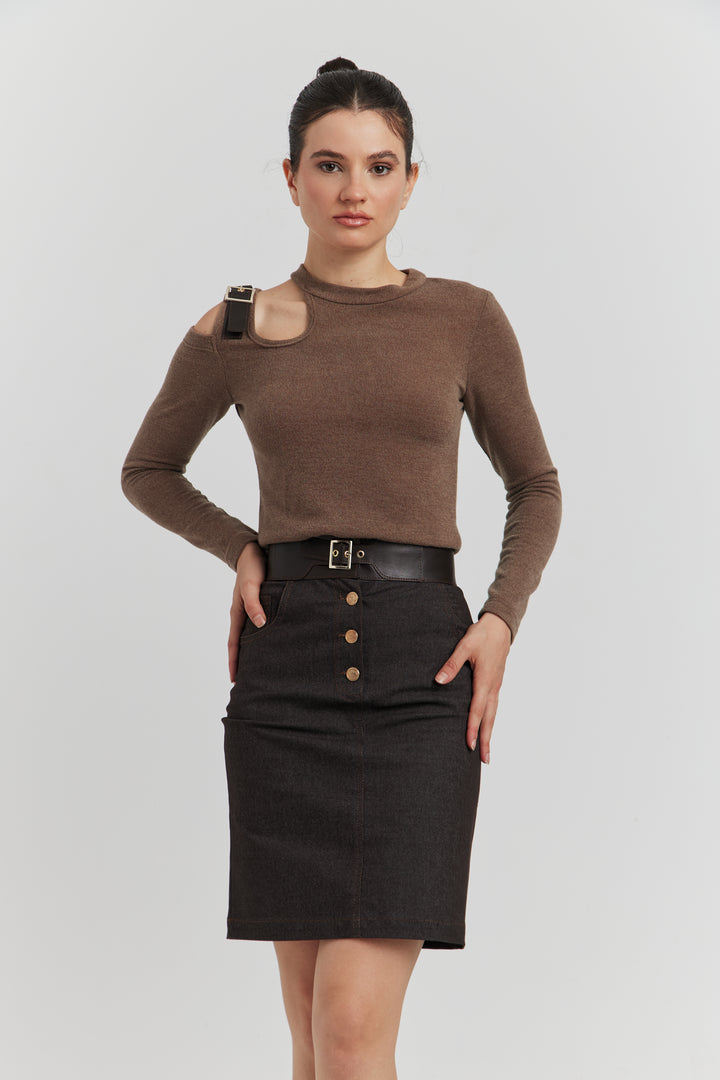 ENSEMBLE TOP MAILLE ET JUPE JEAN OLYSSIA MARRON
