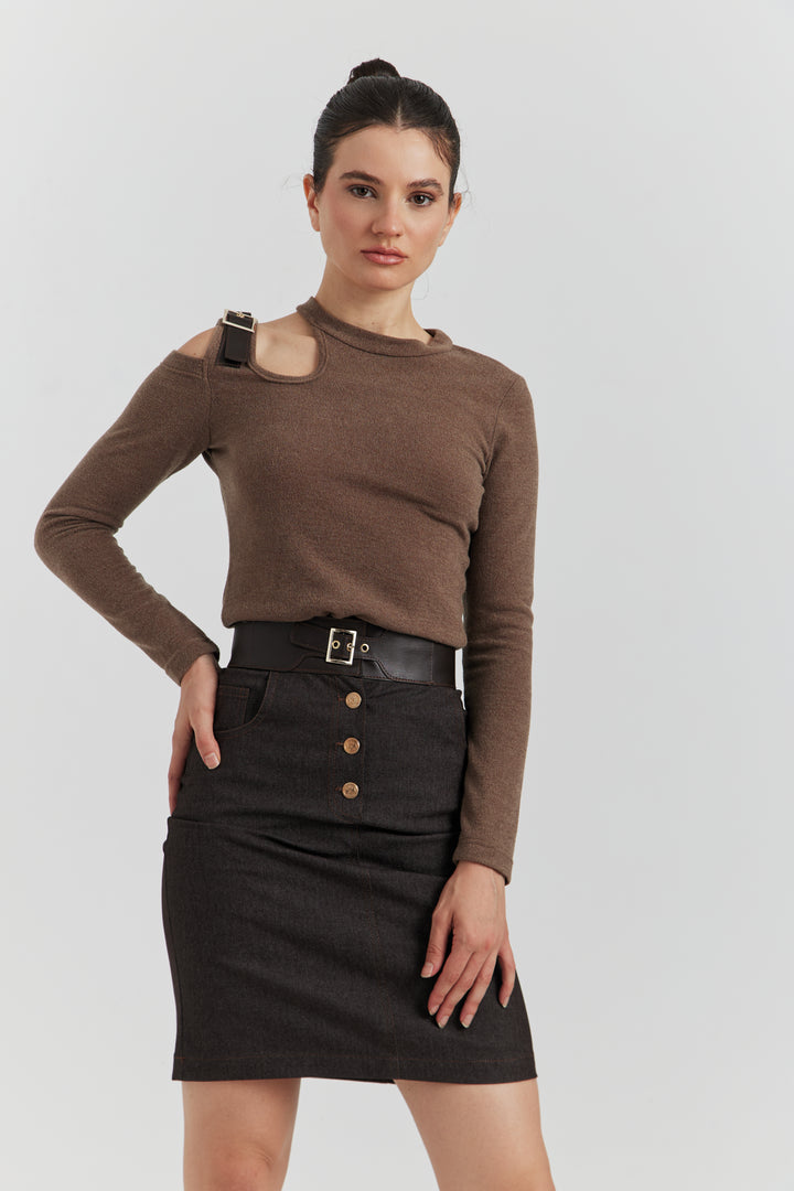 ENSEMBLE TOP MAILLE ET JUPE JEAN OLYSSIA MARRON