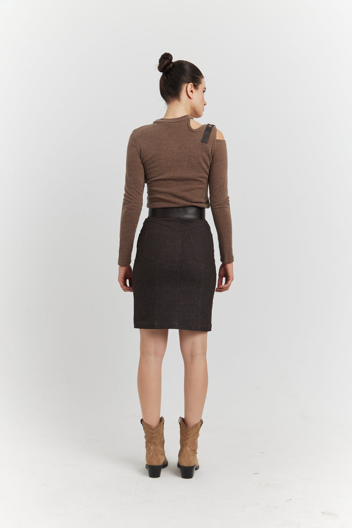 ENSEMBLE TOP MAILLE ET JUPE JEAN OLYSSIA MARRON