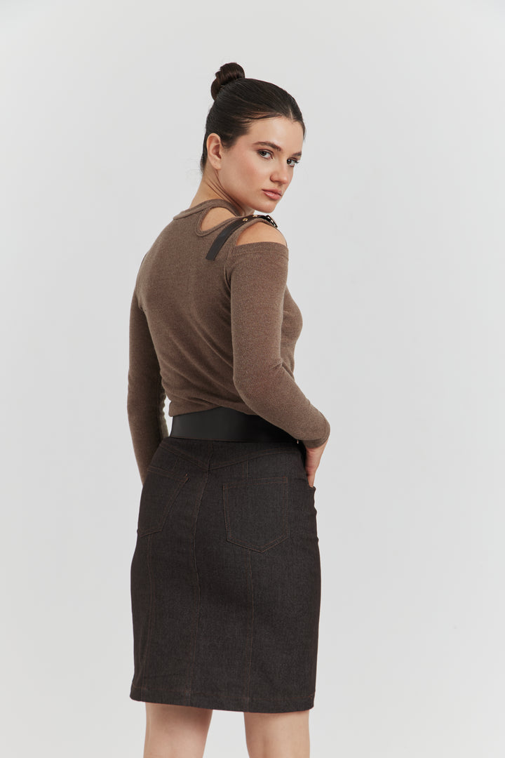 ENSEMBLE TOP MAILLE ET JUPE JEAN OLYSSIA MARRON