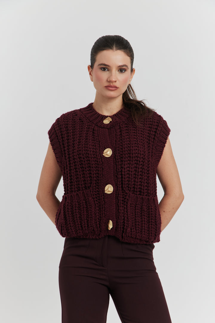 GILET GROSSES MAILLES SANS MANCHES LYVEN BORDEAUX