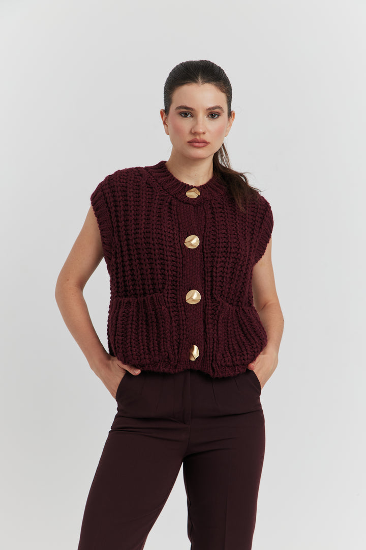 GILET GROSSES MAILLES SANS MANCHES LYVEN BORDEAUX