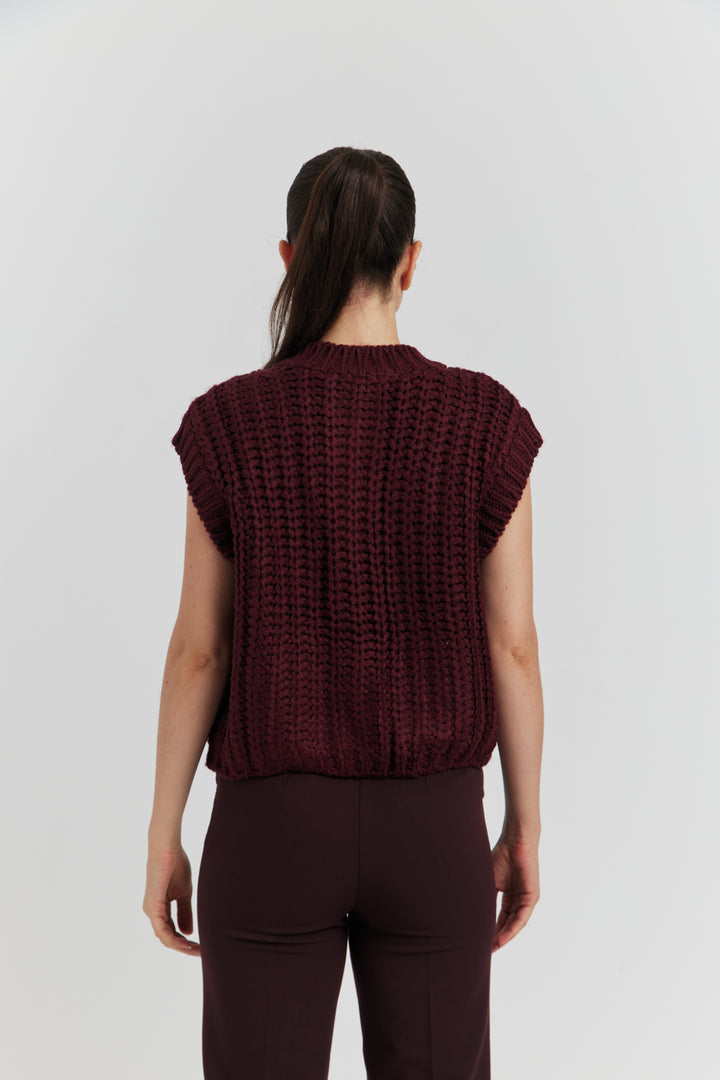 GILET GROSSES MAILLES SANS MANCHES LYVEN BORDEAUX