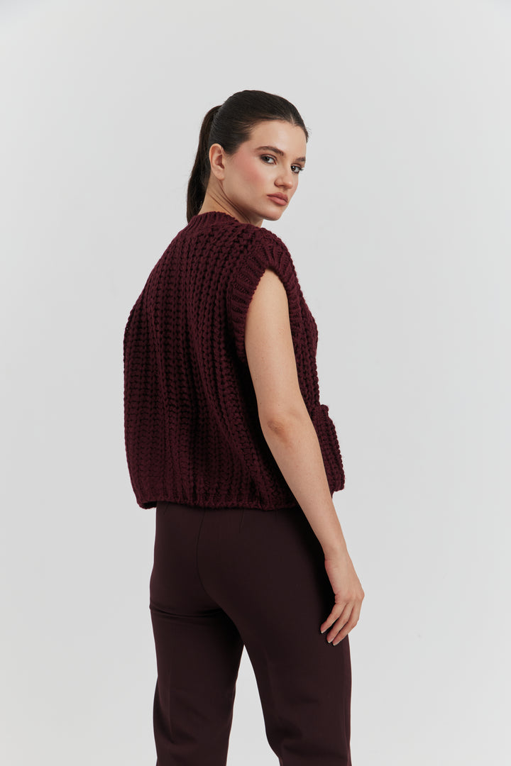GILET GROSSES MAILLES SANS MANCHES LYVEN BORDEAUX