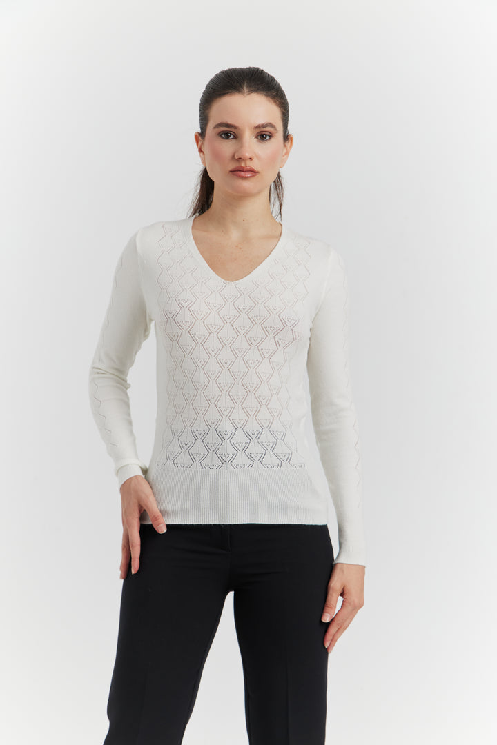 PULL  V FANTAISIE AJOURE LYRIA ECRU