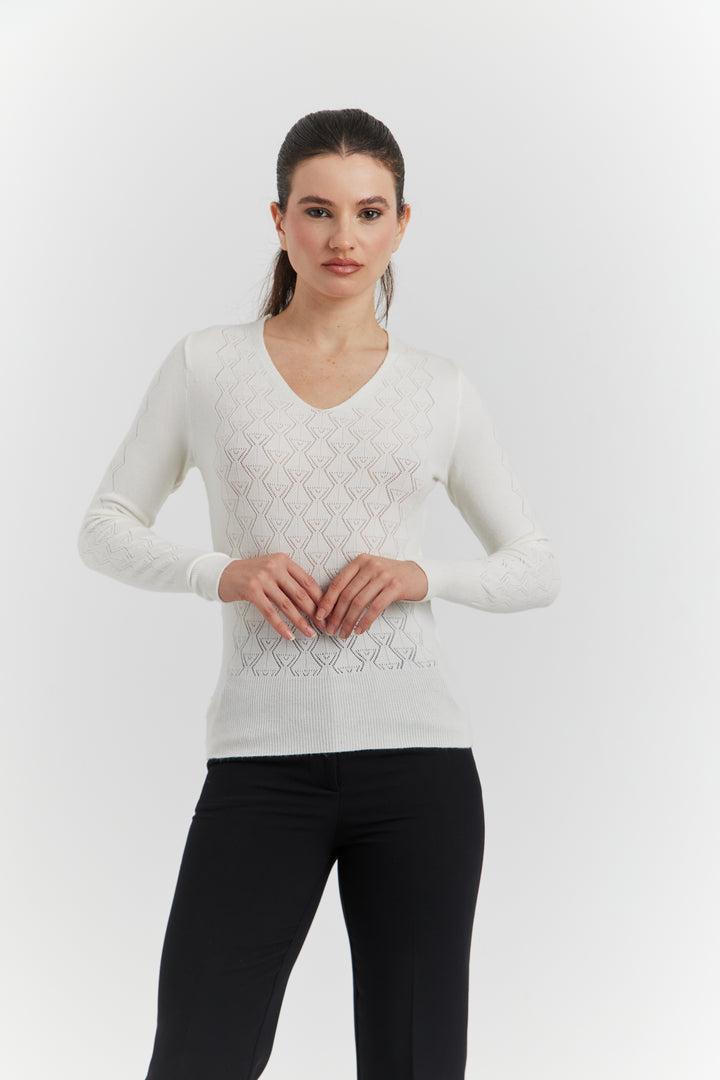 PULL  V FANTAISIE AJOURE LYRIA ECRU