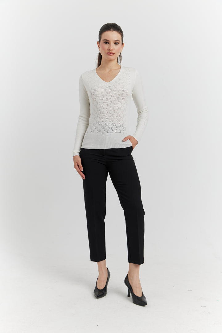 PULL  V FANTAISIE AJOURE LYRIA ECRU