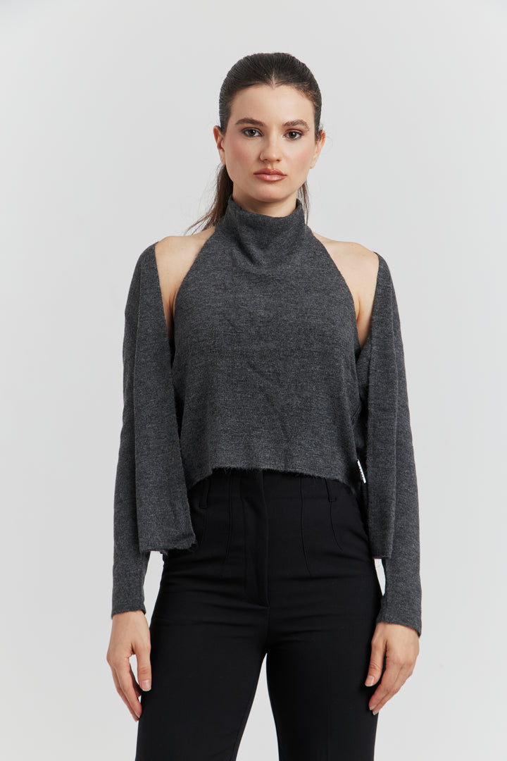 PULL TROMPE L'OEIL 2 EN 1  GILET ET DEBARDEUR FIOREN ANTHRACITE