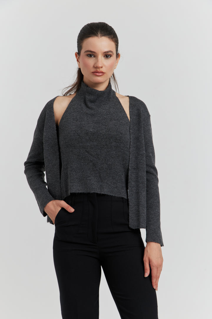 PULL TROMPE L'OEIL 2 EN 1  GILET ET DEBARDEUR FIOREN ANTHRACITE