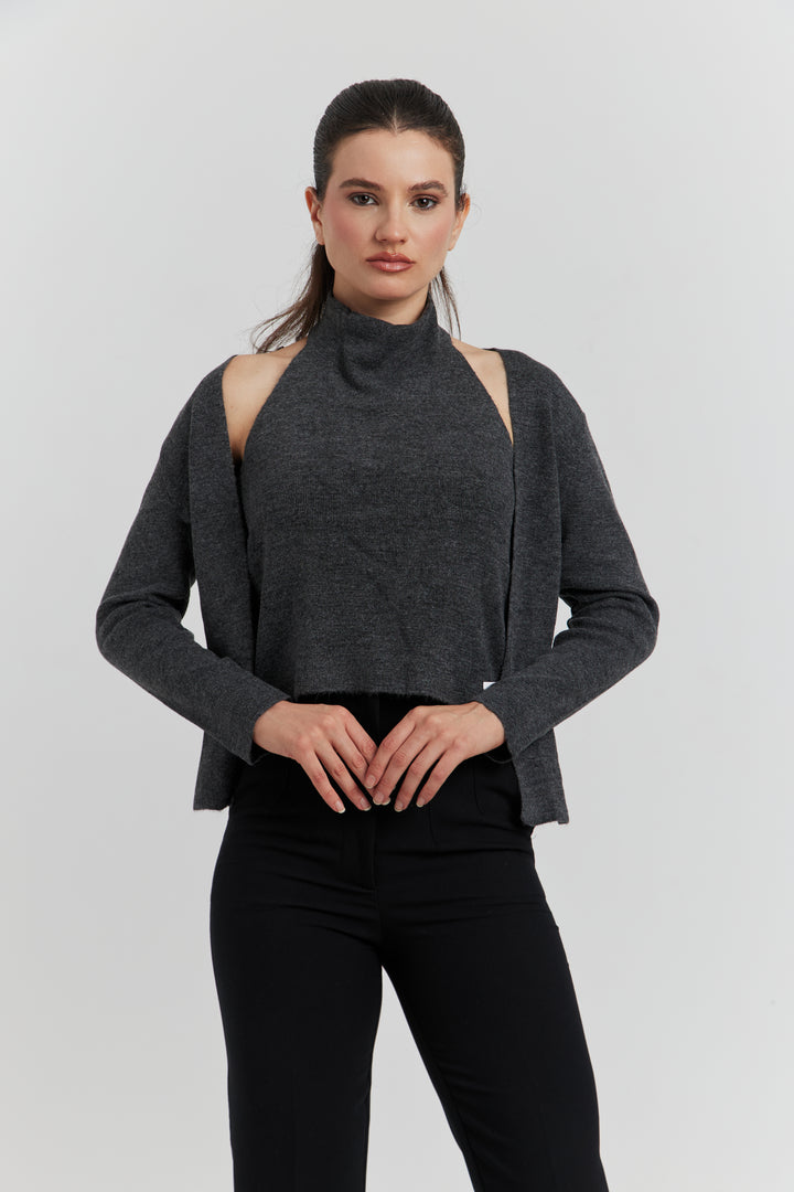 PULL TROMPE L'OEIL 2 EN 1  GILET ET DEBARDEUR FIOREN ANTHRACITE