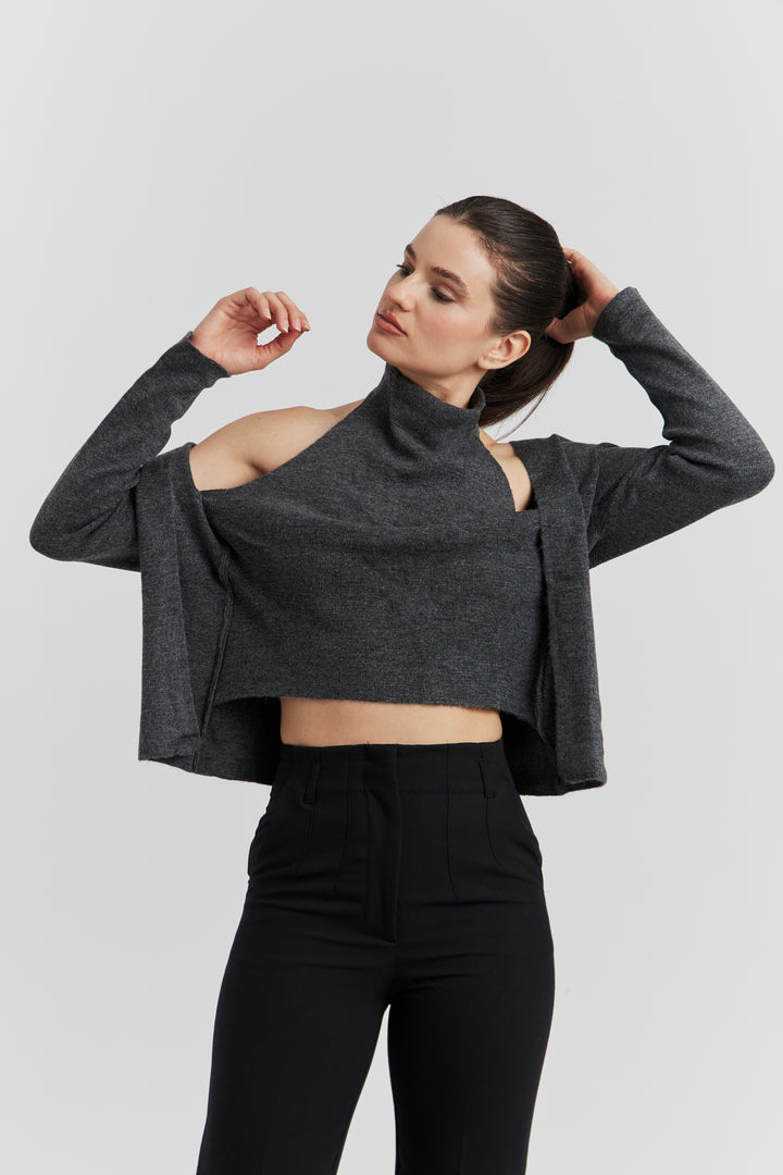 PULL TROMPE L'OEIL 2 EN 1  GILET ET DEBARDEUR FIOREN ANTHRACITE