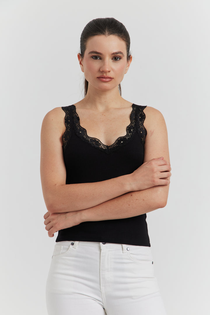 DEBARDEUR ENCOLURE ET BRETELLE DENTELLE ELOREN NOIR
