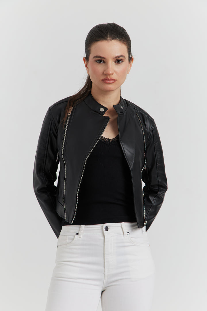BLOUSON PERFECTO FAUX CUIR ELOWIN NOIR