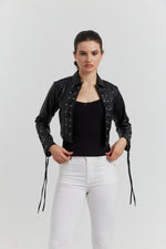 Charger le modèle 3D dans le visionneur de galerie, VESTE FAUX CUIR LACET TRESSE ROSALYN NOIR
