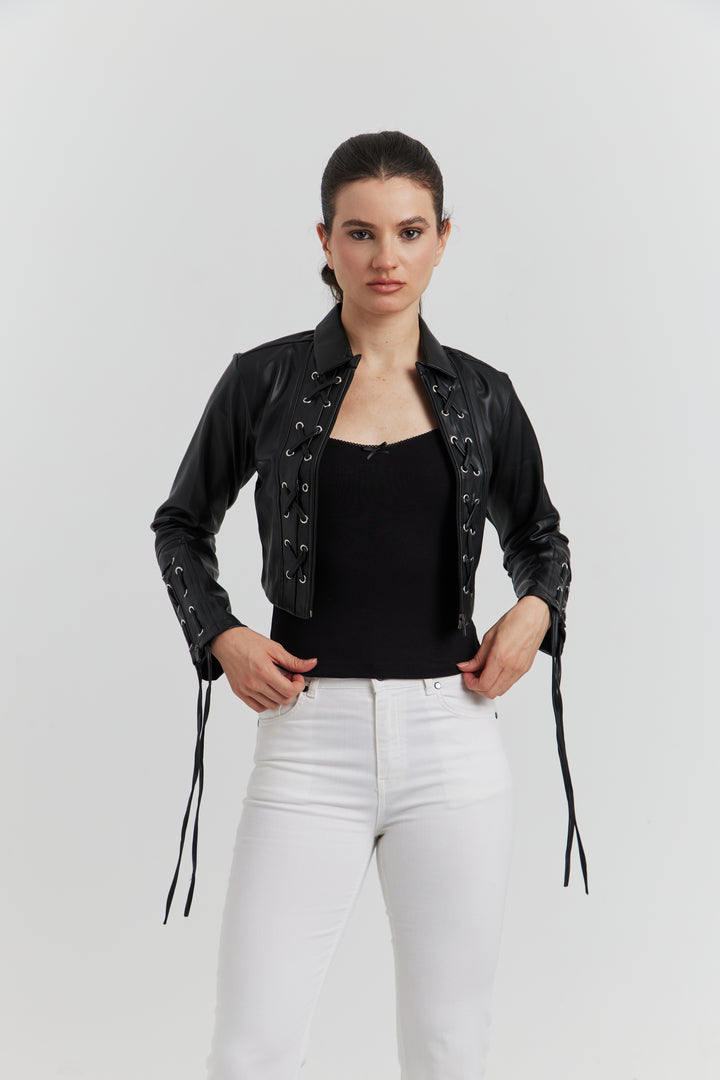 VESTE FAUX CUIR LACET TRESSE ROSALYN NOIR