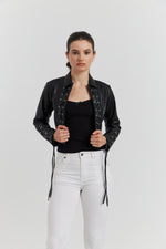 Charger le modèle 3D dans le visionneur de galerie, VESTE FAUX CUIR LACET TRESSE ROSALYN NOIR
