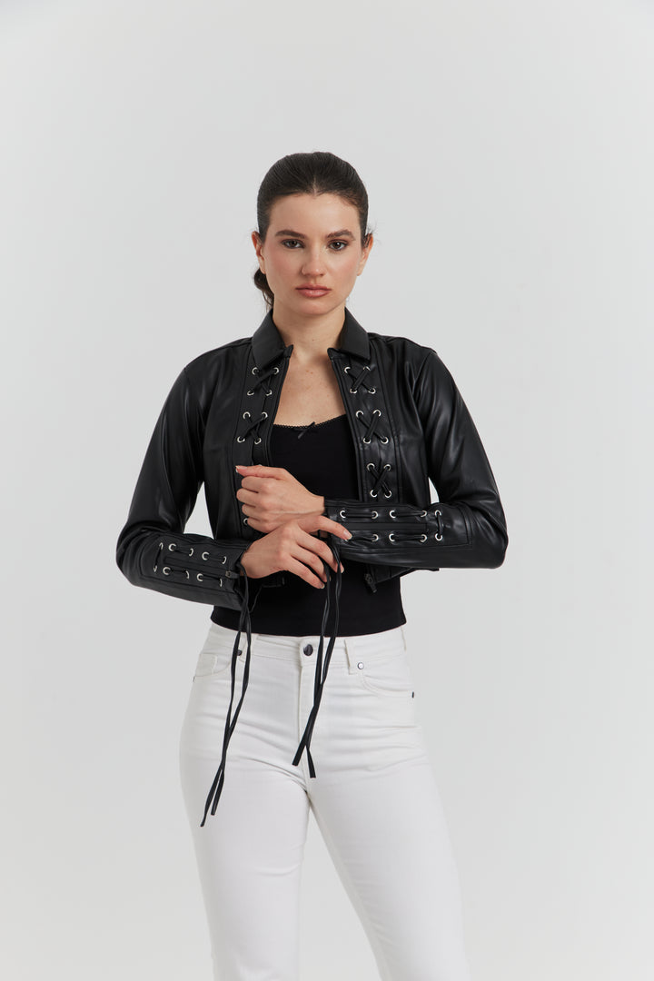 VESTE FAUX CUIR LACET TRESSE ROSALYN NOIR
