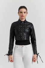Charger le modèle 3D dans le visionneur de galerie, VESTE FAUX CUIR LACET TRESSE ROSALYN NOIR
