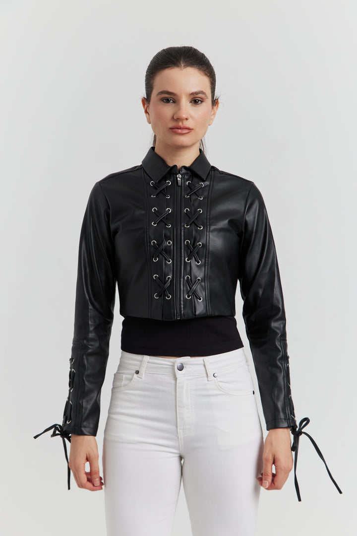 VESTE FAUX CUIR LACET TRESSE ROSALYN NOIR
