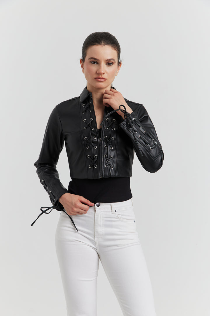 VESTE FAUX CUIR LACET TRESSE ROSALYN NOIR