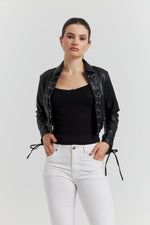 Charger le modèle 3D dans le visionneur de galerie, VESTE FAUX CUIR LACET TRESSE ROSALYN NOIR
