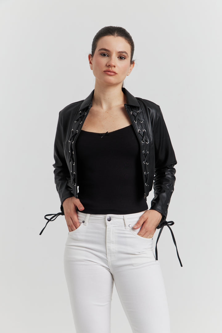 VESTE FAUX CUIR LACET TRESSE ROSALYN NOIR
