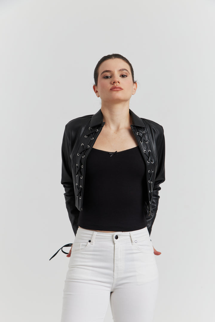 VESTE FAUX CUIR LACET TRESSE ROSALYN NOIR