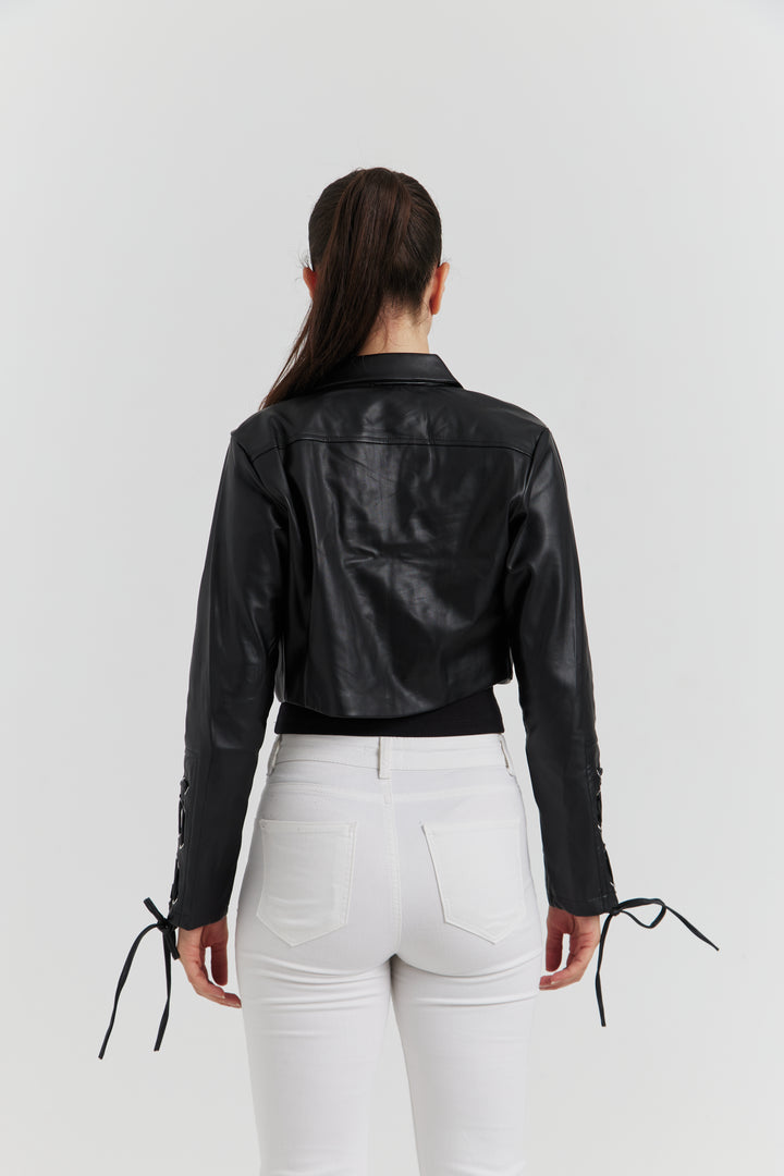 VESTE FAUX CUIR LACET TRESSE ROSALYN NOIR