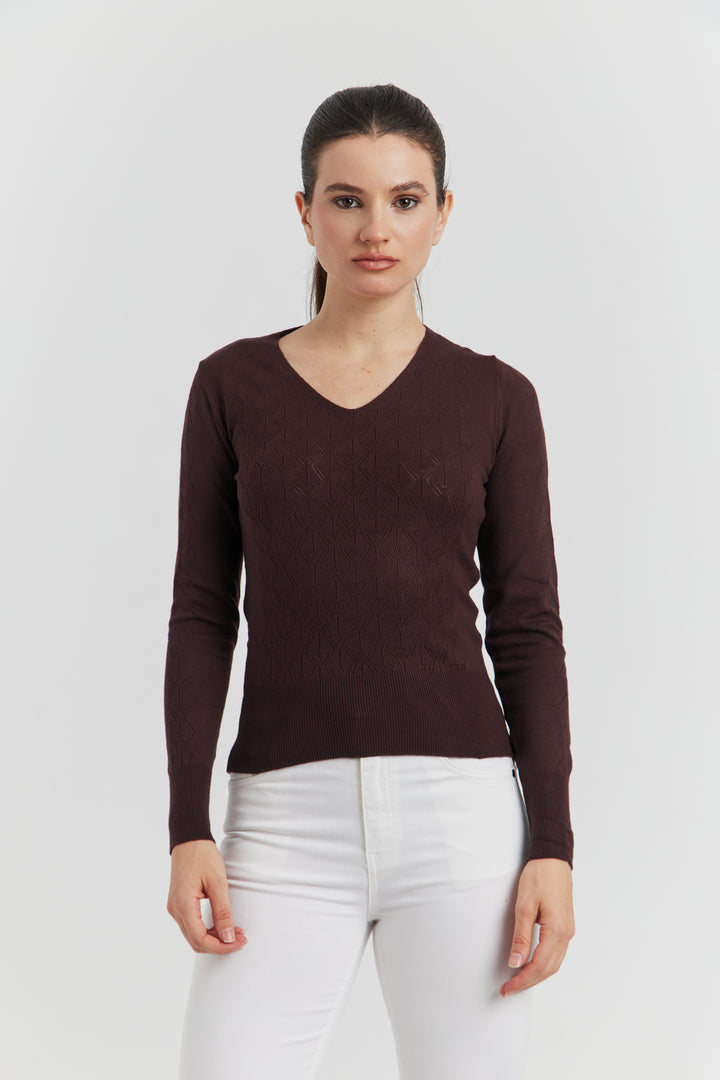 PULL V FANTAISIE  AJOURE LYRIA MARRON
