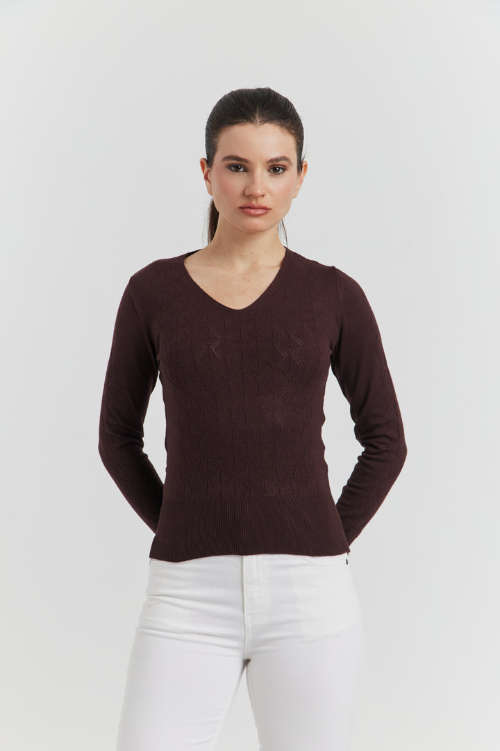 PULL V FANTAISIE  AJOURE LYRIA MARRON