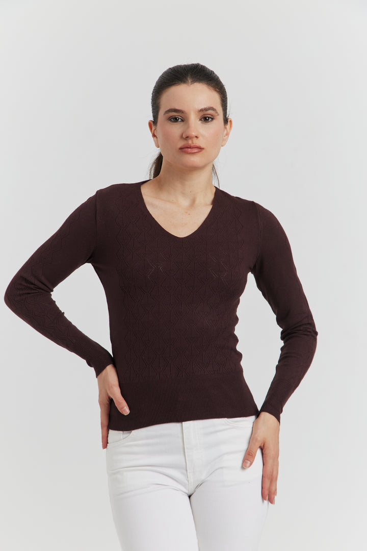 PULL V FANTAISIE  AJOURE LYRIA MARRON