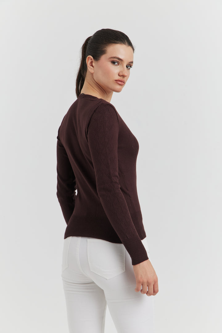 PULL V FANTAISIE  AJOURE LYRIA MARRON