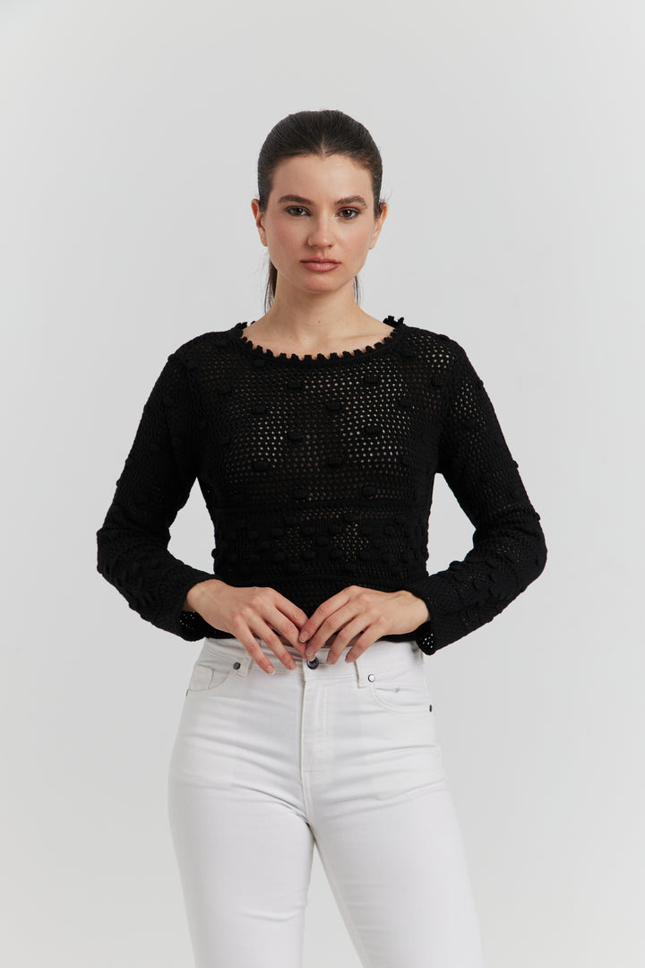 PULL COURT FACON CROCHET FANTAISIE  AMYRIA NOIR
