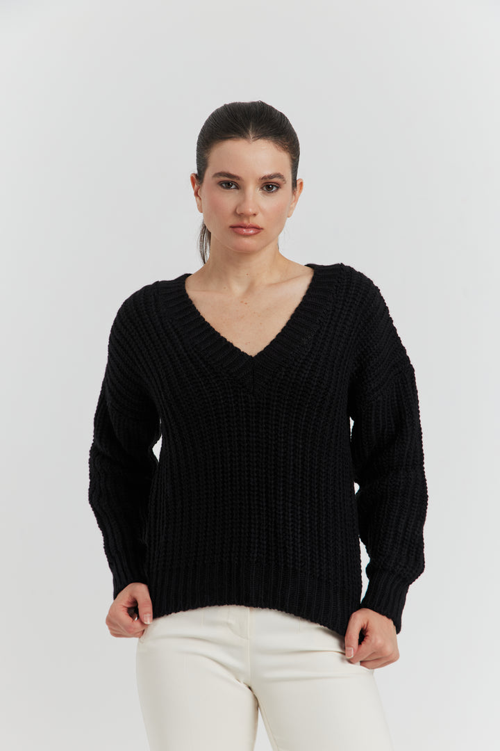 PULL GROSSE MAILLE V CYNEA NOIR