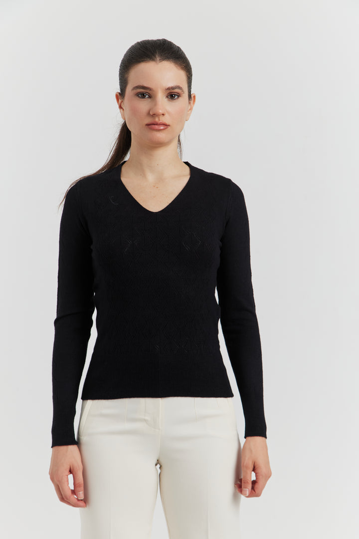 PULL V FANTAISIE AJOURE LYRIA NOIR