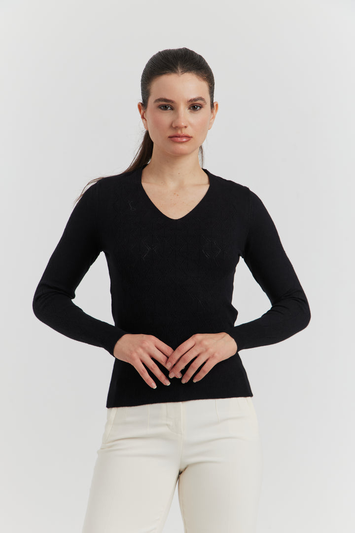 PULL V FANTAISIE AJOURE LYRIA NOIR