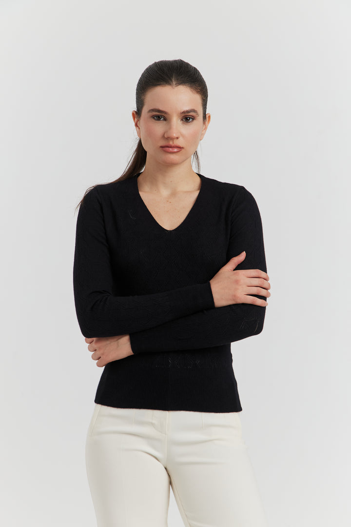 PULL V FANTAISIE AJOURE LYRIA NOIR