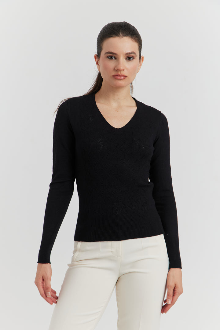 PULL V FANTAISIE AJOURE LYRIA NOIR