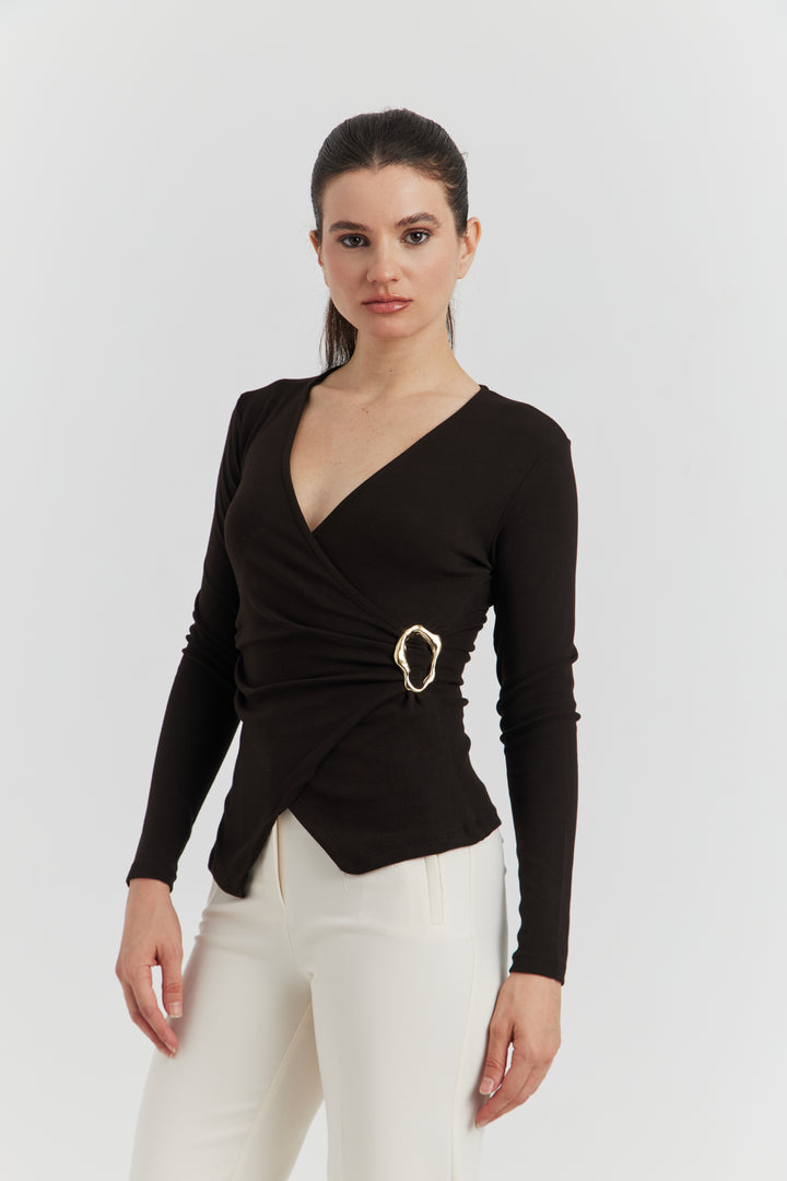 CACHE COEUR MANCHES LONGUES BOUCLE METAL CHOCOLAT