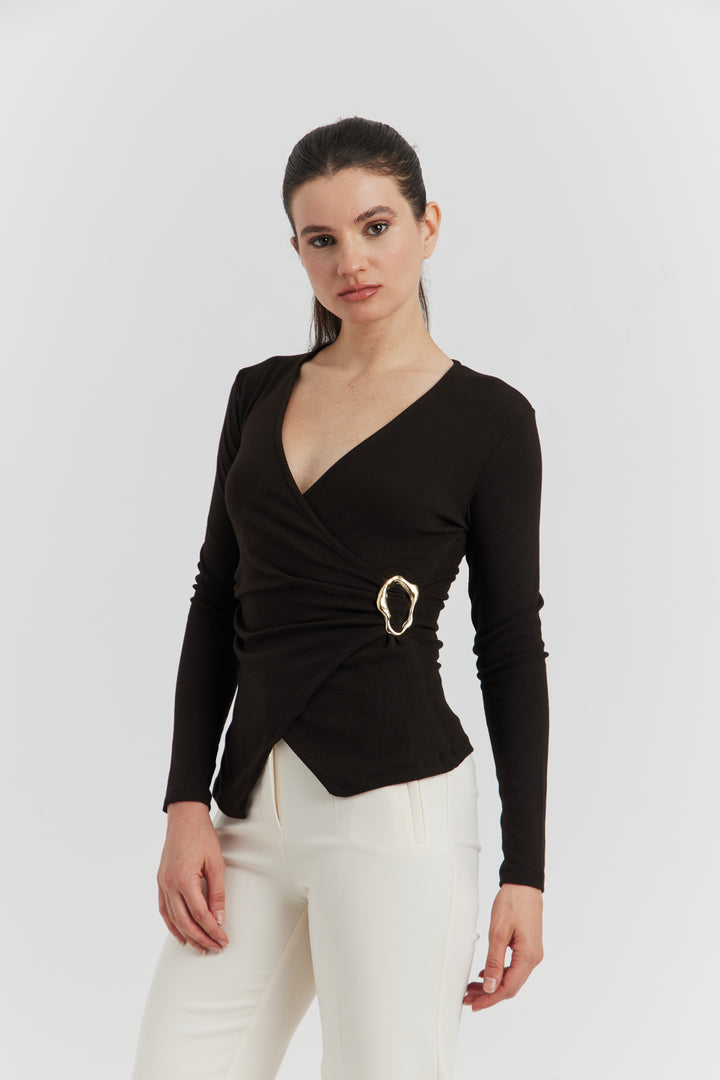 CACHE COEUR MANCHES LONGUES BOUCLE METAL CHOCOLAT