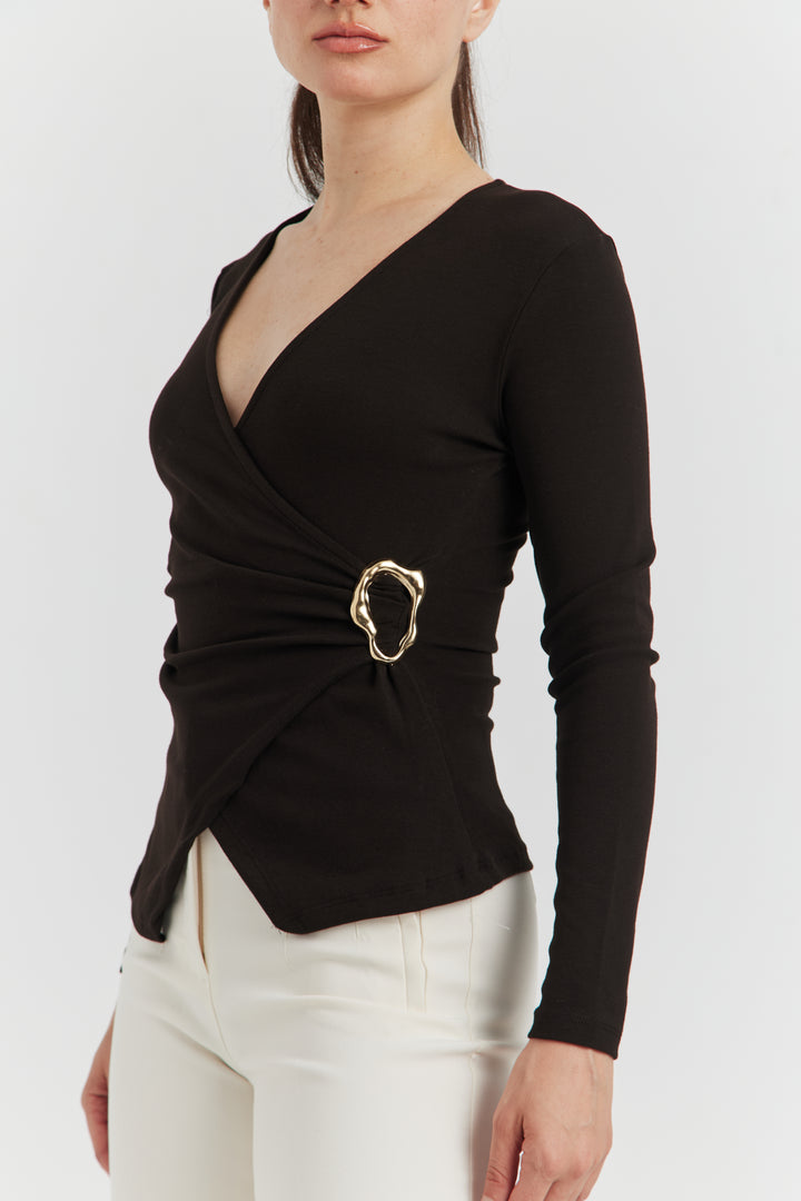 CACHE COEUR MANCHES LONGUES BOUCLE METAL CHOCOLAT