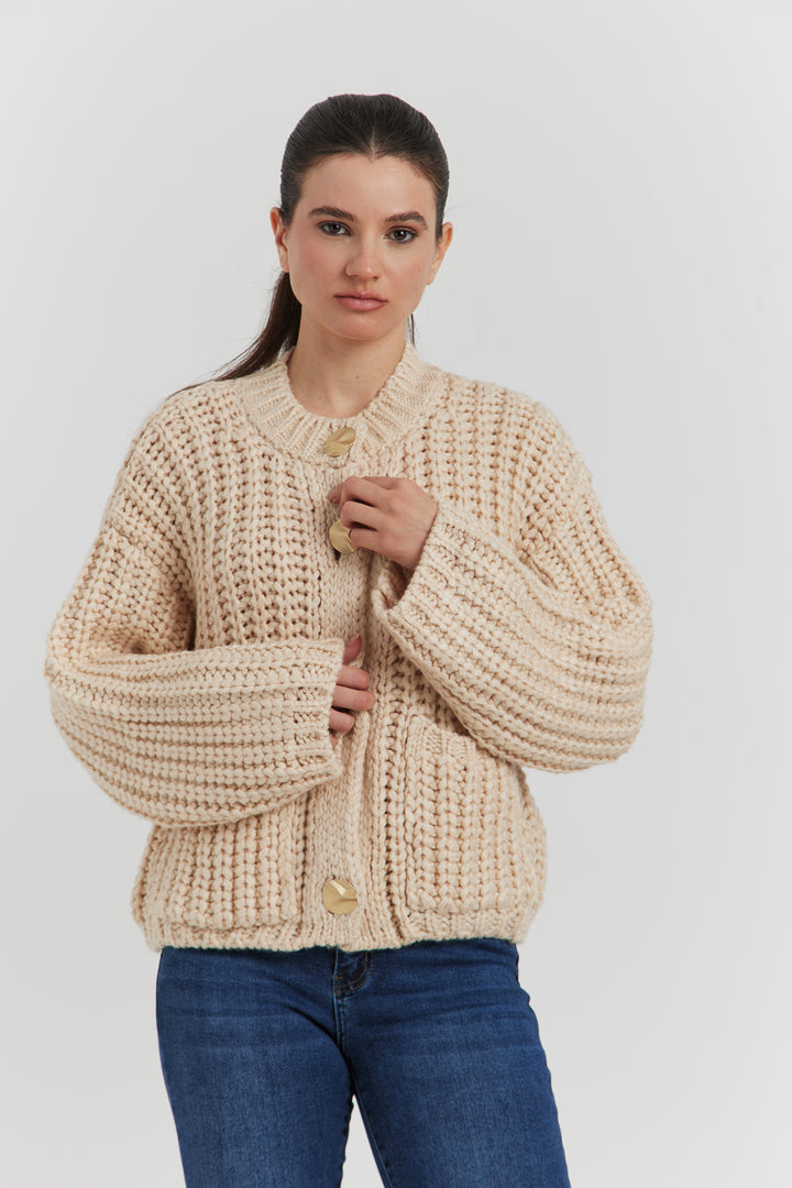 GILET GROSSE MAILLE MANCHES LONGUES KAIREN ECRU
