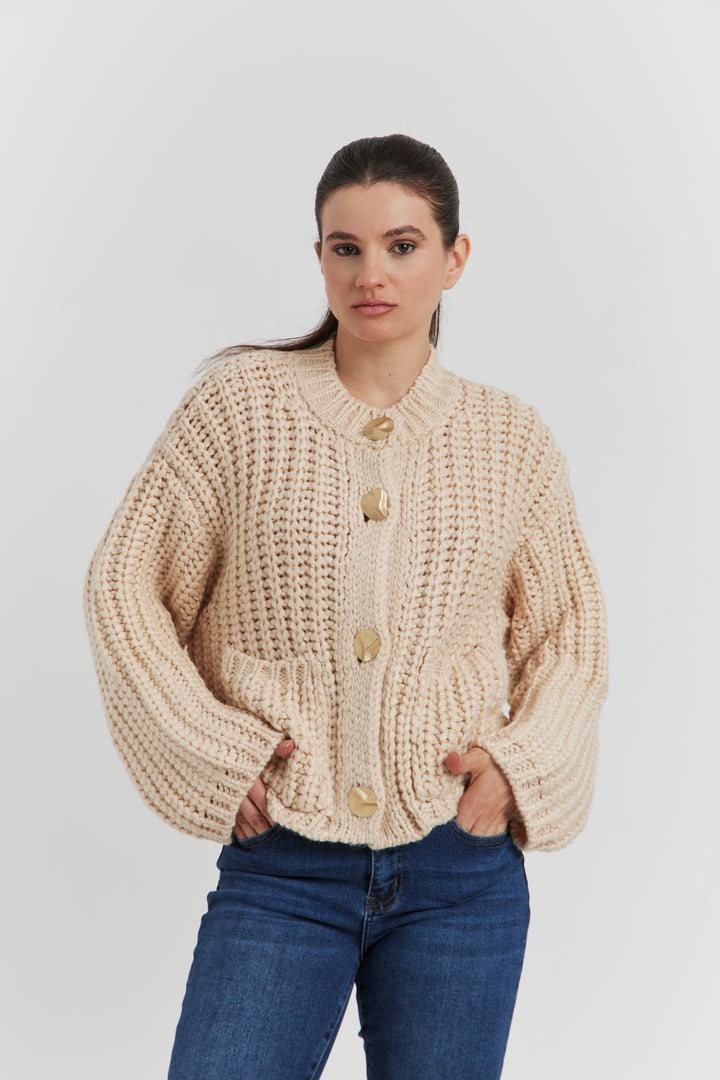 GILET GROSSE MAILLE MANCHES LONGUES KAIREN ECRU