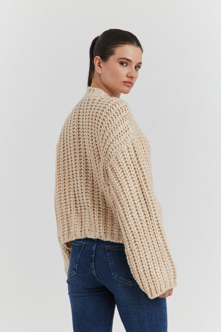 GILET GROSSE MAILLE MANCHES LONGUES KAIREN ECRU