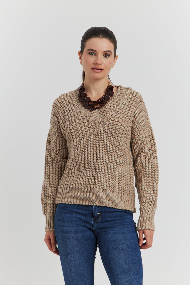 PULL GROSSE MAILLE V CYNEA TAUPE
