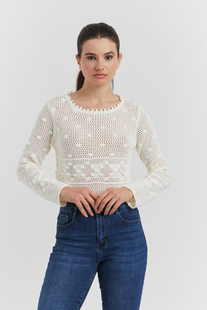 PULL COURT FACON CROCHET FANTAISIE AMYRIA ECRU